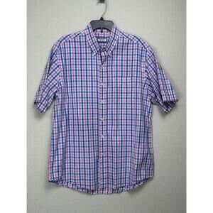 IZOD Mens Sz L Short Sleeve Button Down Shirt Blue Pink White Plaid 100% Cotton